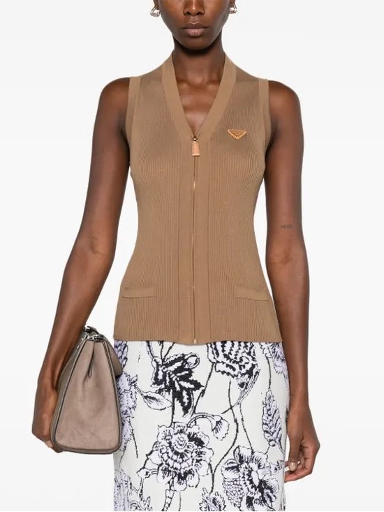 Prada Sweaters - Prada Ribbed Knit Sleeveless Zip Vest Cardigan Brown Camel Leather Logo Plaque